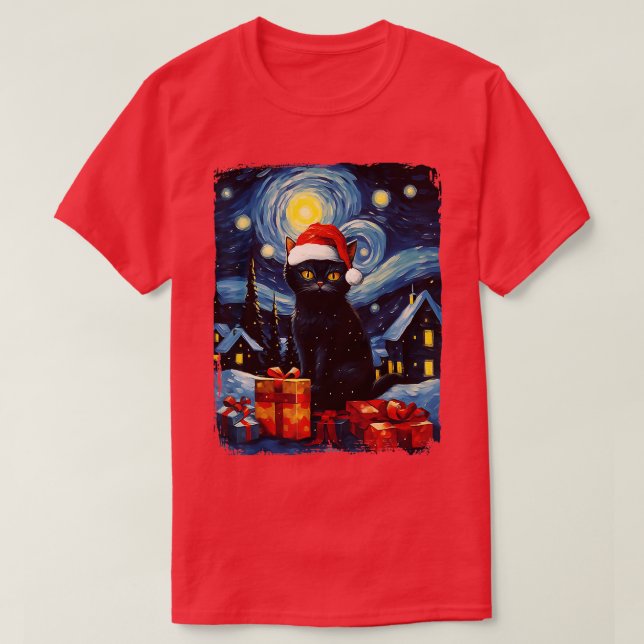 Christmas Black Cat Starry Night Van Gogh Retro Ca T-Shirt (Design Front)