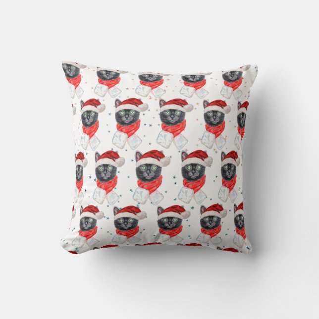 Christmas Black Cat with Red Scarf Cushion (Front)
