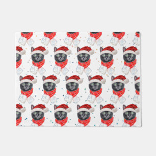 Christmas Black Cat with Red Scarf Doormat