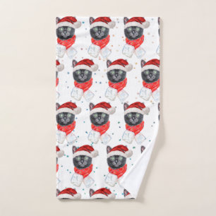 Christmas Black Cat with Red Scarf Hand Towel