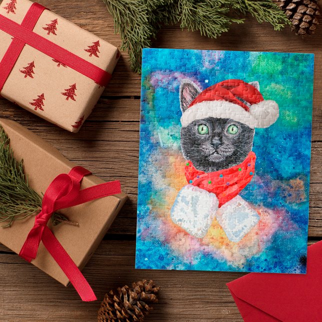 Christmas Black Cat with Red Scarf Holiday Jigsaw Puzzle (Creator Uploaded)