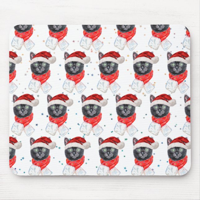 Christmas Black Cat with Red Scarf Mouse Mat (Front)