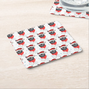 Christmas Black Cat with Red Scarf Square Paper Coaster
