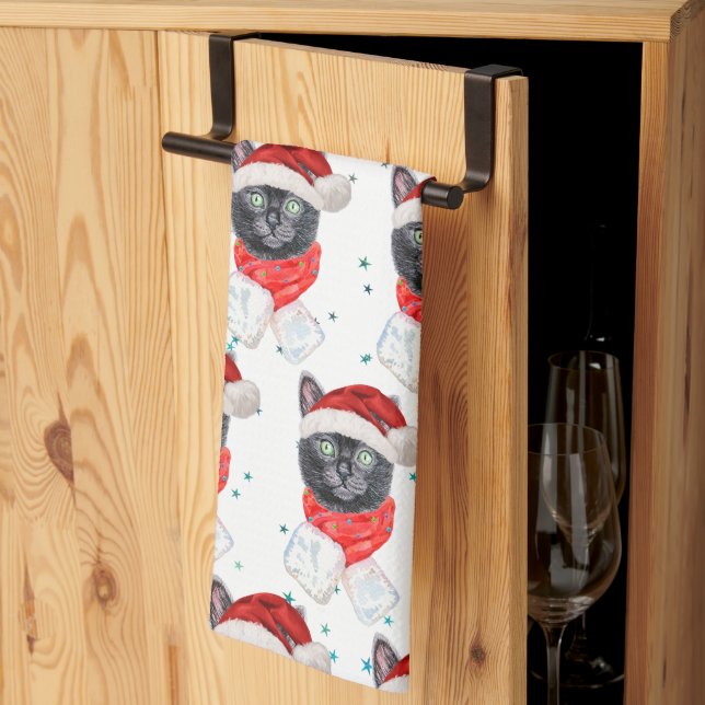 Christmas Black Cat with Red Scarf Tea Towel (Thirds Fold)