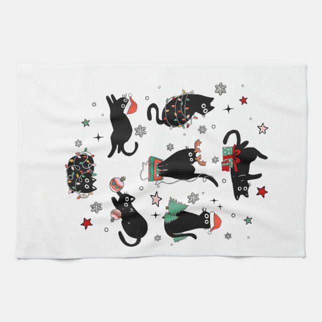 Christmas Black Cats Tea Towel (Horizontal)