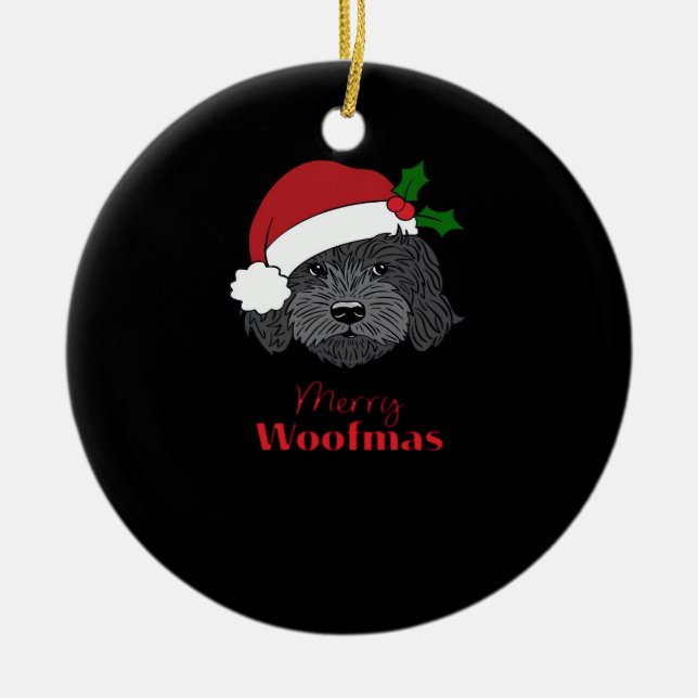 Christmas Black Cockapoo, Cavapoo, Cavoodle, Merry Ceramic Tree Decoration (Front)