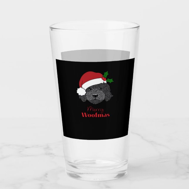 Christmas Black Cockapoo, Cavapoo, Cavoodle, Merry Glass (Front)