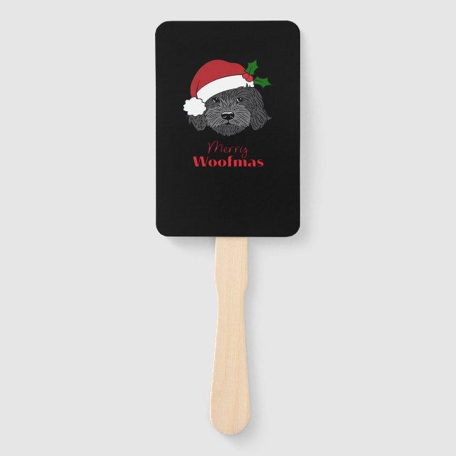 Christmas Black Cockapoo, Cavapoo, Cavoodle, Merry Hand Fan (Front)