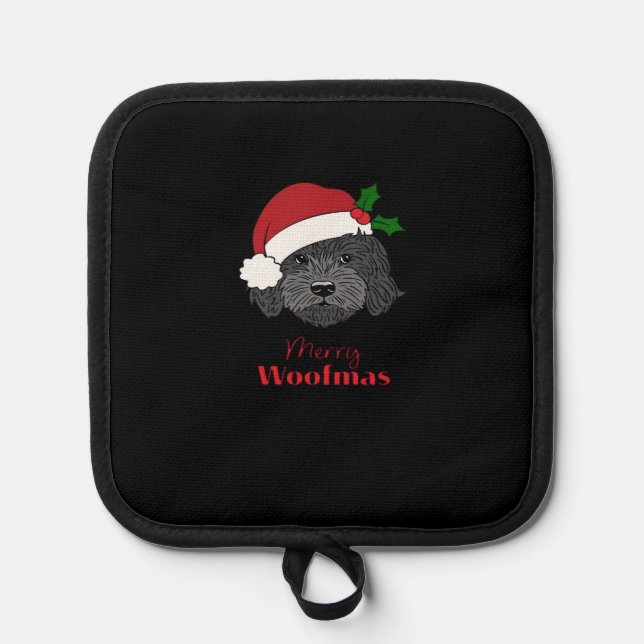 Christmas Black Cockapoo, Cavapoo, Cavoodle, Merry Pot Holder (Front)