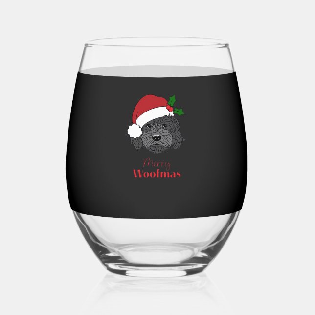 Christmas Black Cockapoo, Cavapoo, Cavoodle, Merry Stemless Wine Glass (Front)