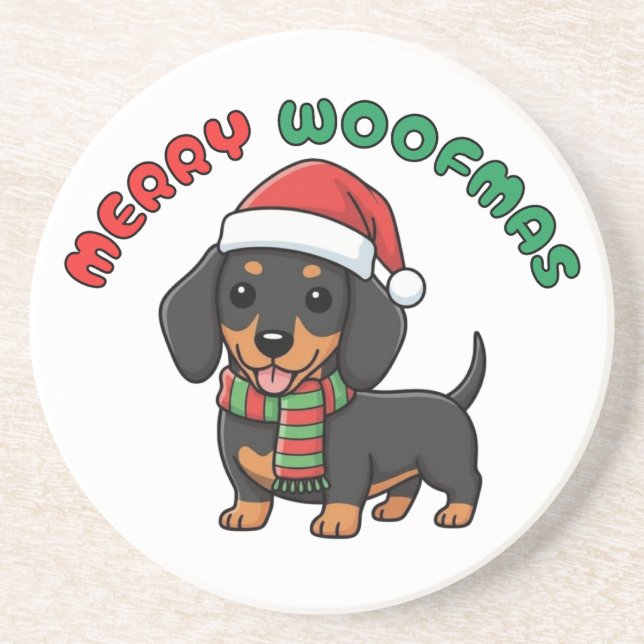 Christmas Black Dachshund Coaster: Merry Woofmas Coaster (Front)