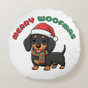 Christmas Black Dachshund: Merry Woofmas Round Cushion
