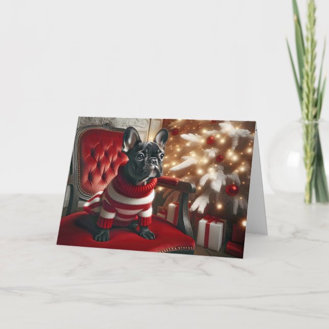 Christmas Black French Bulldog On a Red Chair Card (Front)