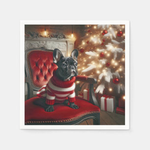 Christmas Black French Bulldog On a Red Chair Napkin