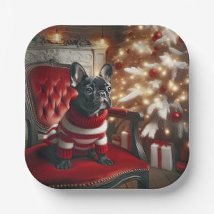 Christmas Black French Bulldog On a Red Chair Paper Plate
