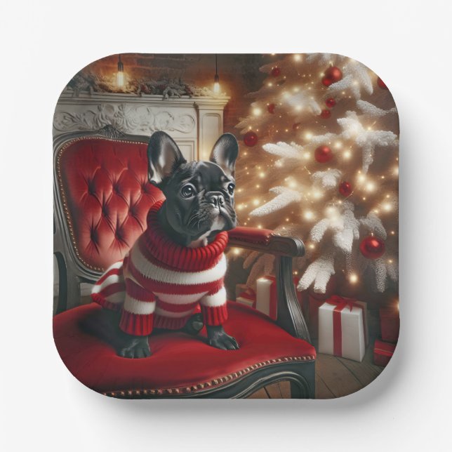 Christmas Black French Bulldog On a Red Chair Paper Plate (Front)