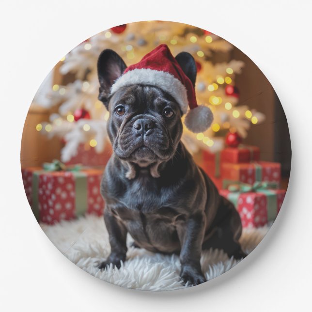 Christmas Black French Bulldog Paper Plate (Front)