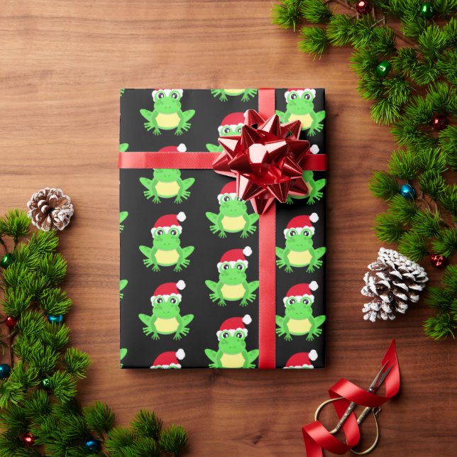 Christmas Black Frog Santa Hat Pattern Novelty  Wrapping Paper (Holiday Gift)