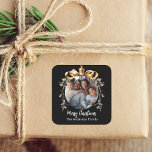Christmas black gold bauble family photo square sticker<br><div class="desc">Black background. Personalise and add your own photo.  A golden Christmas tree bauble as frame. Add your family name.</div>