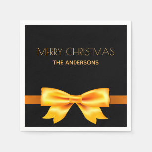Christmas black gold bow family name napkin