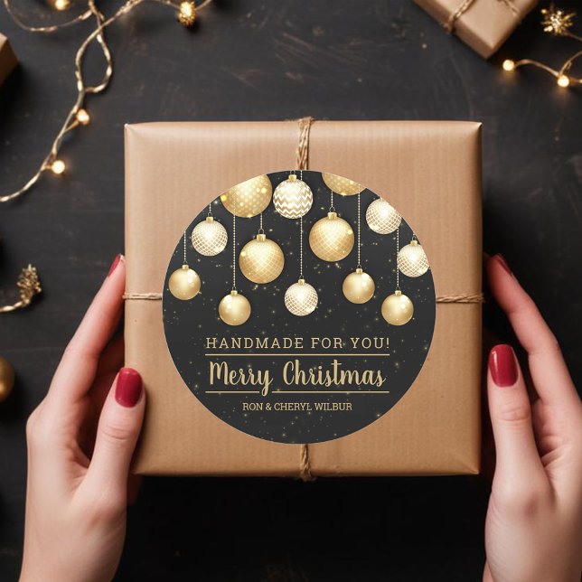Christmas Black Gold Handmade For You Classic Round Sticker (Black and Gold Christmas Tree Ornaments on Handmade For You  Round Stickers)