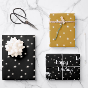 Christmas Black Gold HAPPY HOLIDAYS Script Lights Wrapping Paper Sheet