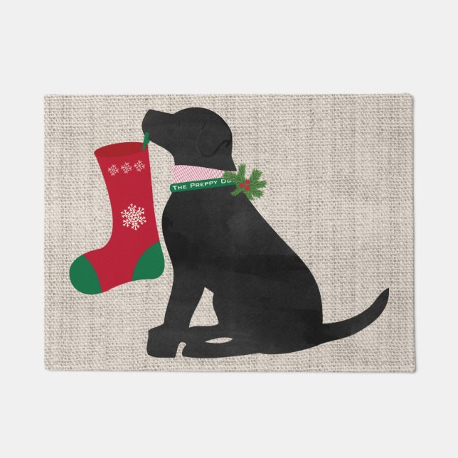 Christmas Black Lab Preppy Dog Doormat (Front)