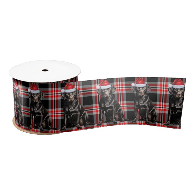 Christmas Black Labrador dog Red Plaid Satin Ribbon (Spool)