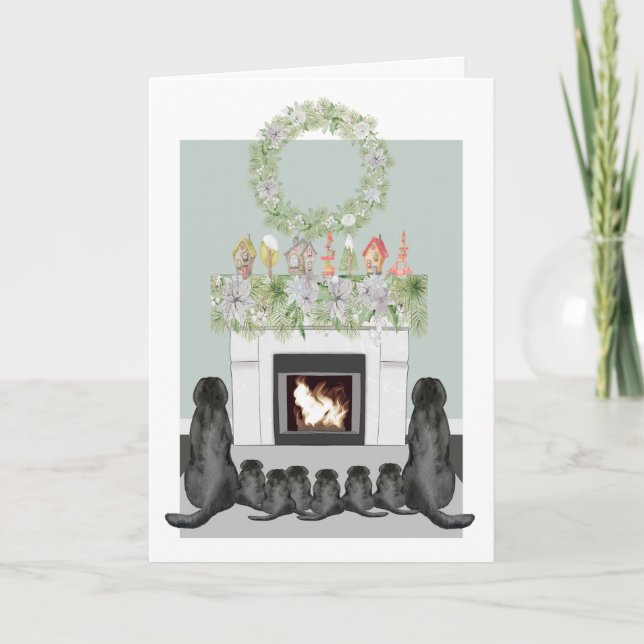 Christmas Black Labrador Family Fireplace Scene Holiday Card (Front)
