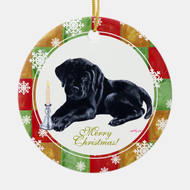 Christmas Black Labrador Puppy Mosaic Ceramic Tree Decoration (Front)