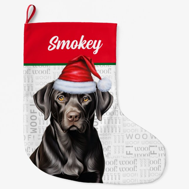 Christmas Black Labrador Retriever with Dog's Name Large Christmas Stocking (Front)