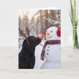 Christmas Black Labrador Retriever with Snowman Card