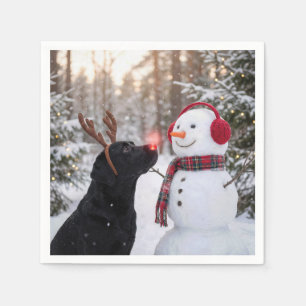 Christmas Black Labrador Retriever with Snowman Napkin