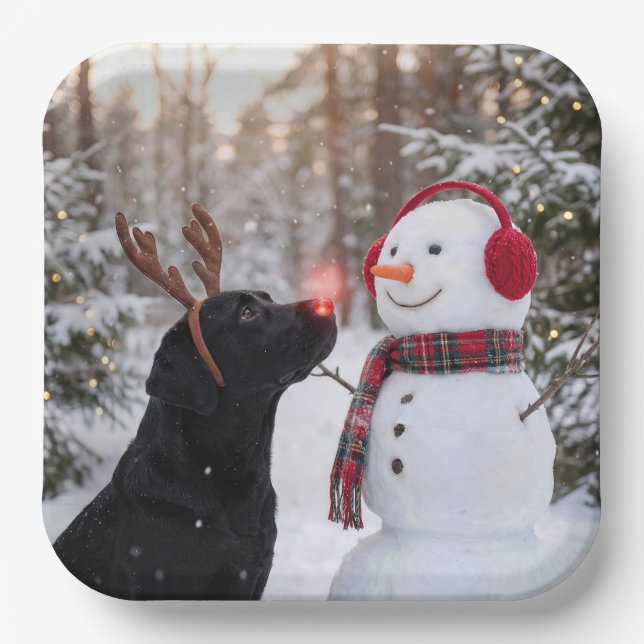 Christmas Black Labrador Retriever with Snowman Paper Plate (Front)