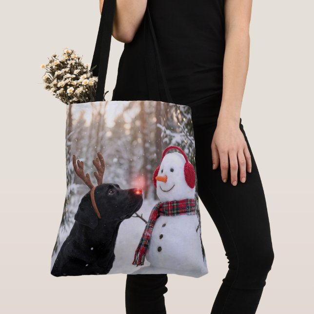 Christmas Black Labrador Retriever with Snowman Tote Bag (Close Up)
