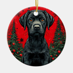 Christmas Black Labrador With Festive Trees Ceramic Tree Decoration