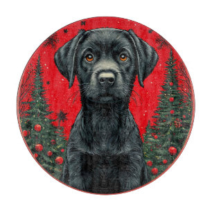 Christmas Black Labrador With Festive Trees Cutting Board