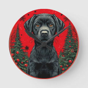 Christmas Black Labrador With Festive Trees Round Clock