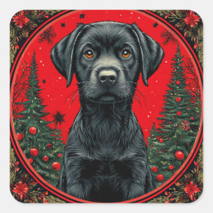 Christmas Black Labrador With Festive Trees Square Sticker