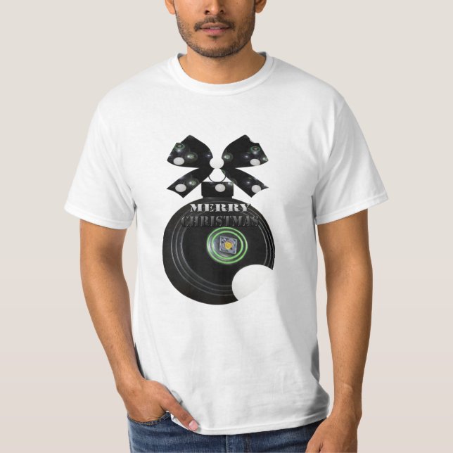 Christmas Black Lawn Bowls Bauble And Logo, T-Shirt (Front)
