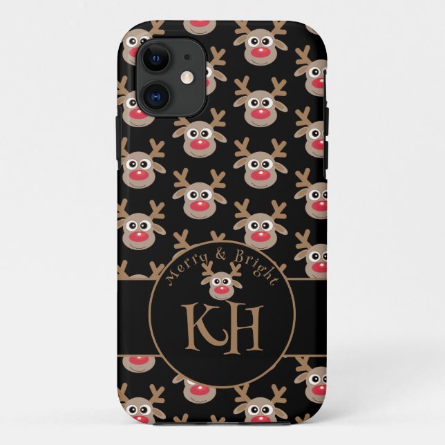 Christmas Black Monogram Cute Reindeer Pattern Case-Mate iPhone Case (Back)