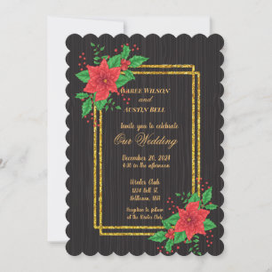Christmas Black Poinsettia Gold Frame Wedding Invitation