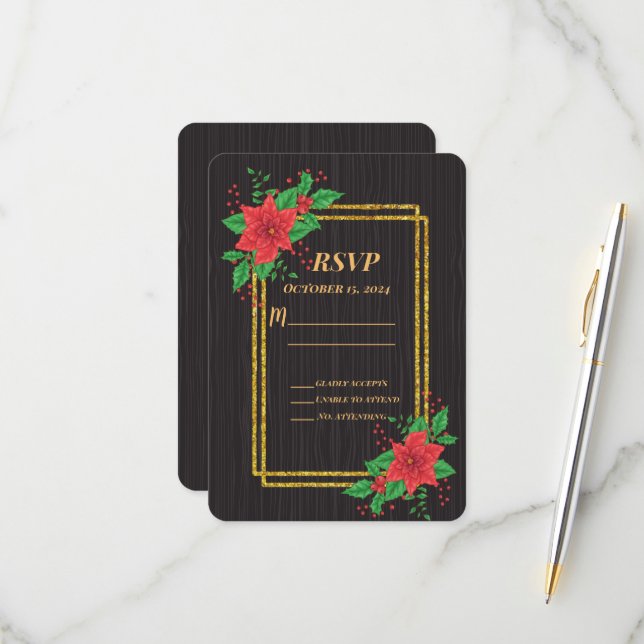 Christmas Black Poinsettia Gold Frame Wedding RSVP Card (Front/Back In Situ)