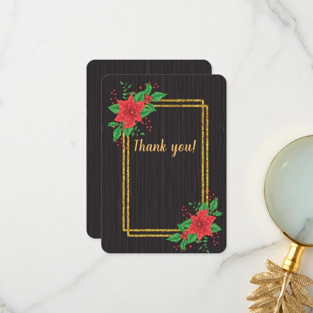 Christmas Black Poinsettia Gold Frame Wedding Thank You Card (Front/Back In Situ)