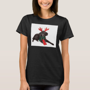 Christmas Black Poodle With Green Scarf Red Antler T-Shirt