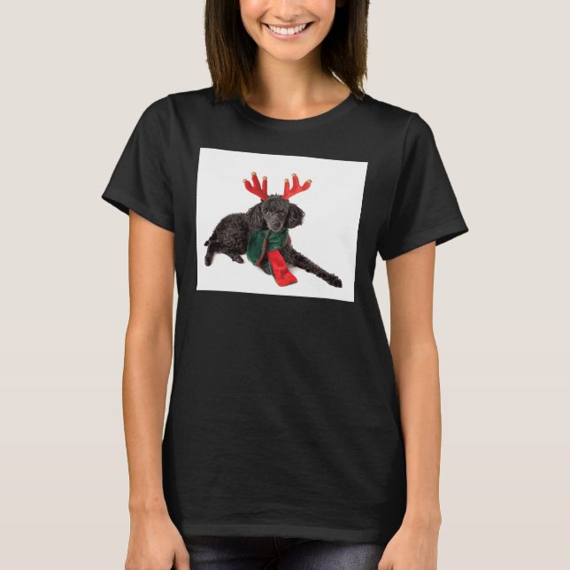 Christmas Black Poodle With Green Scarf Red Antler T-Shirt (Front)