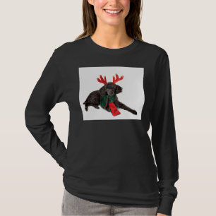 Christmas Black Poodle With Green Scarf Red Antler T-Shirt