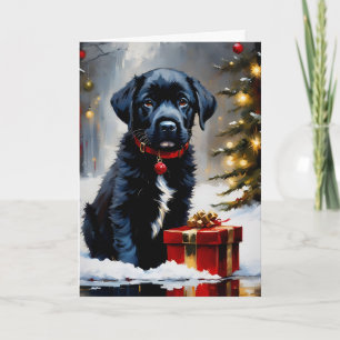 Christmas Black Puppy With Red Gift Card