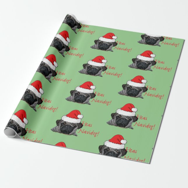 Christmas Black Realistic Pug Puppy Painting Wrapping Paper (Unrolled)
