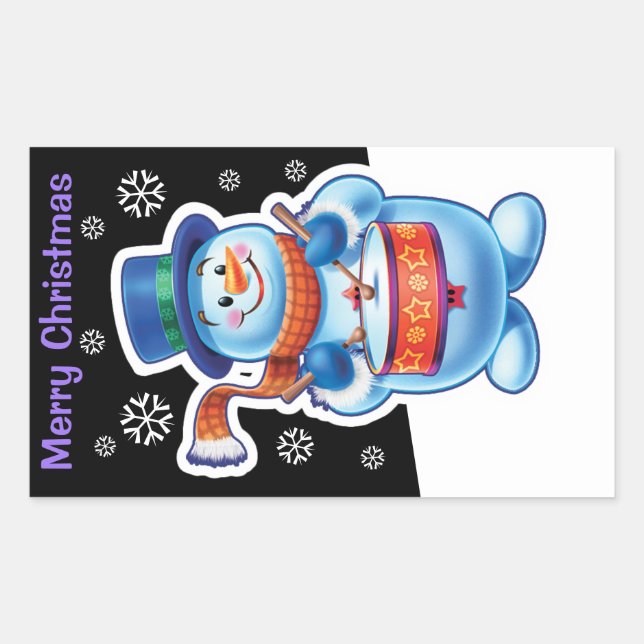 Christmas black rectangle sticker Snowman drummer. (Front)